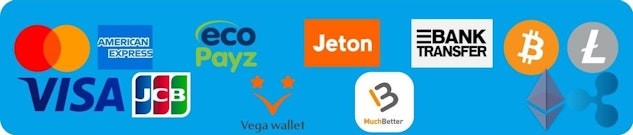 ベラジョンカジノの入金方法アイコン:マスターカード、ビザカード、AMEX、JCB、ecoPayz、Vega Wallet、JetOn、マッチベター、銀行送金、仮想通貨