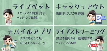 ライブベット+キャッシュアウト+モバイルアプリ+ライブストリーミング