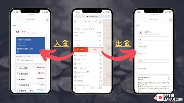 Smart phone mock ups of bookmaker deposit and withdrawal menu
